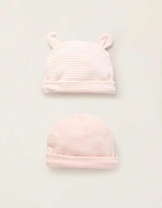 Pack of 2 Ribbed Cotton Beanies for Newborn Girls, Pink/White