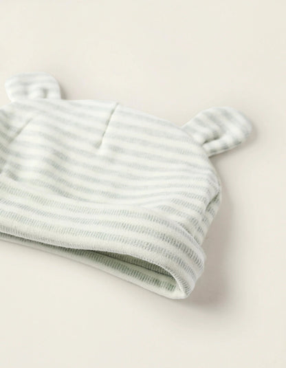 Pack Beanie + Cotton Mittens for Newborns, Green/White