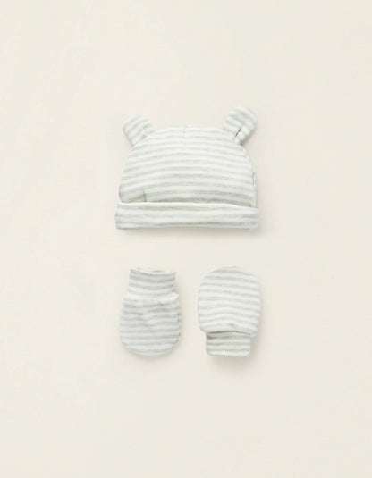 Pack Beanie + Cotton Mittens for Newborns, Green/White