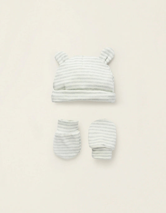 Pack Beanie + Cotton Mittens for Newborns, Green/White