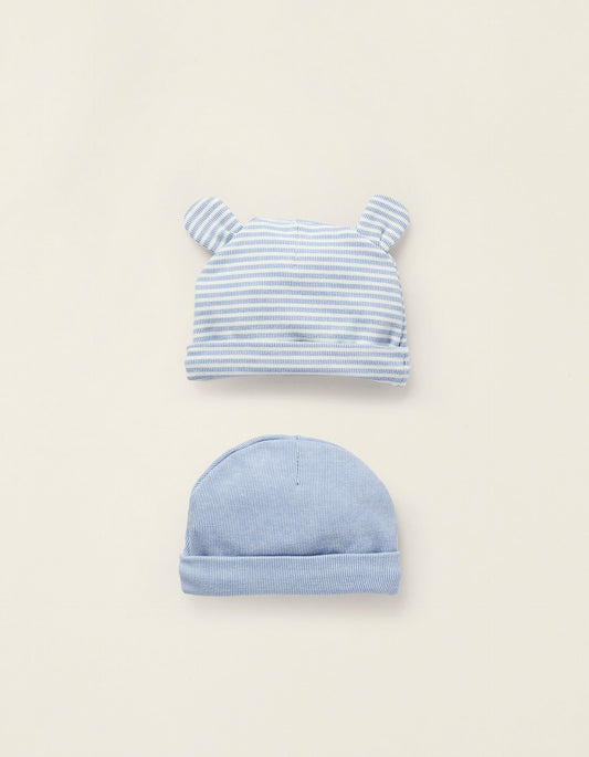 Pack of 2 Ribbed Cotton Beanies for Newborns, Blue/White