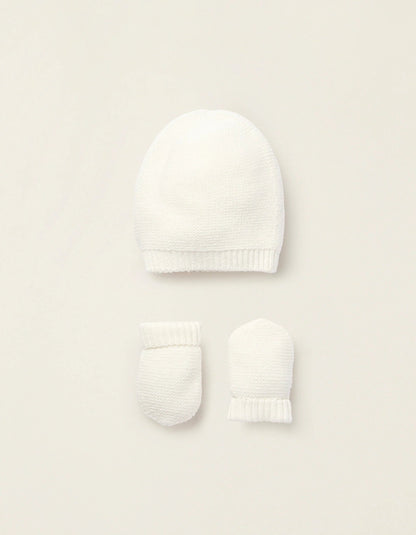 Knit Set Beanie + Gloves for Newborns, White
