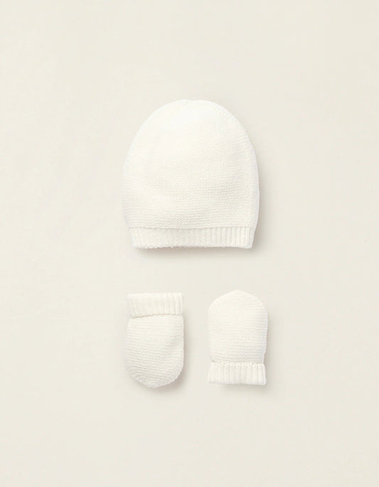 Knit Set Beanie + Gloves for Newborns, White