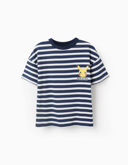 Striped T-shirt for Boys 'Pikachu', Dark Blue/White