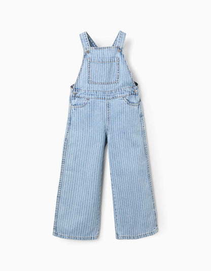 Striped Denim Dungarees + Pompom Hair Bobble for Girls, Blue