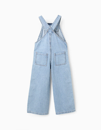 Striped Denim Dungarees + Pompom Hair Bobble for Girls, Blue