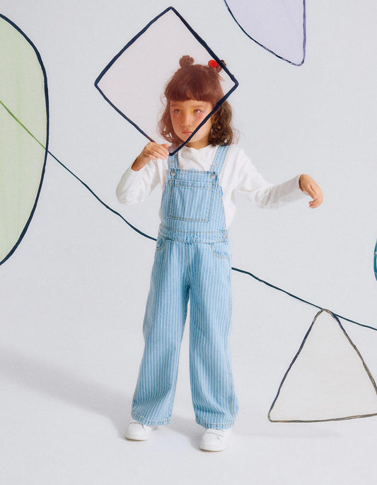 Striped Denim Dungarees + Pompom Hair Bobble for Girls, Blue