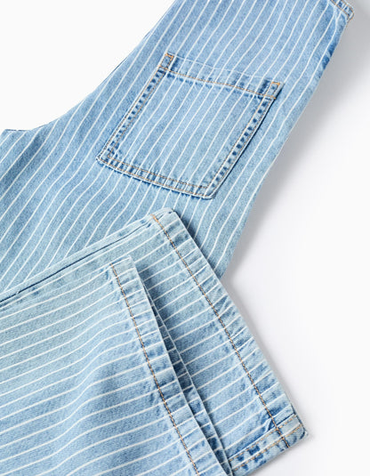 Striped Denim Dungarees + Pompom Hair Bobble for Girls, Blue