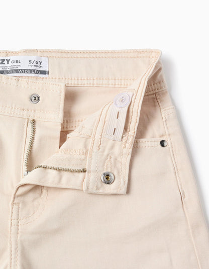 Wide Leg Twill Trousers with Frayed Hems for Girls, Beige