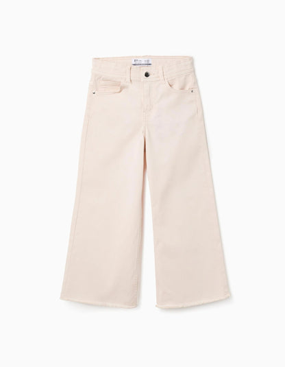 Wide Leg Twill Trousers with Frayed Hems for Girls, Beige