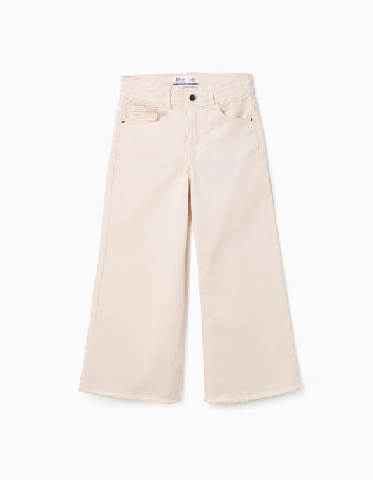 Wide Leg Twill Trousers with Frayed Hems for Girls, Beige