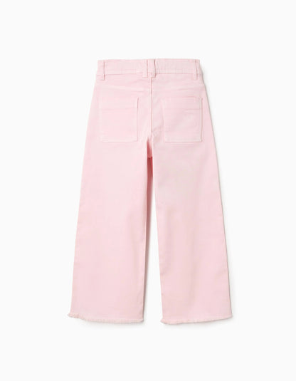 Wide Leg Twill Trousers with Frayed Hems for Girls, Light Pink