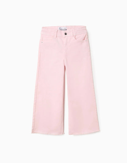 Wide Leg Twill Trousers with Frayed Hems for Girls, Light Pink
