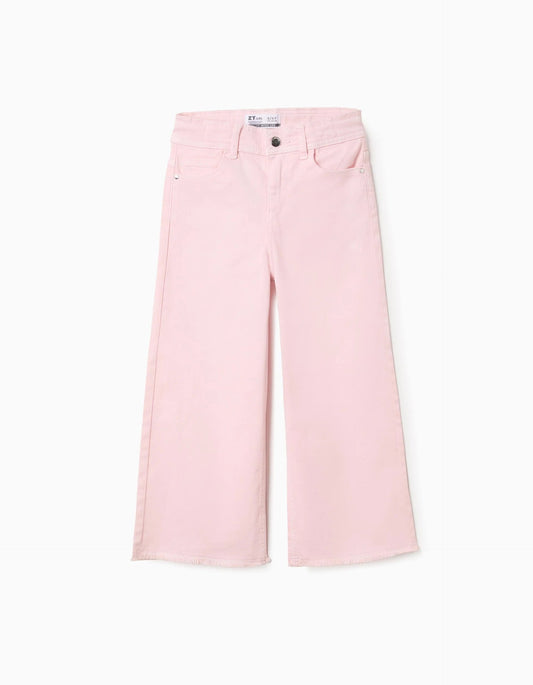 Wide Leg Twill Trousers with Frayed Hems for Girls, Light Pink