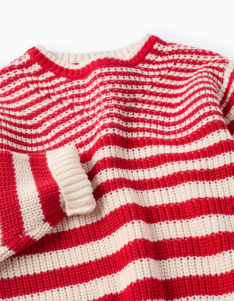 Cotton Striped Jumper for Girls, Beige/Red