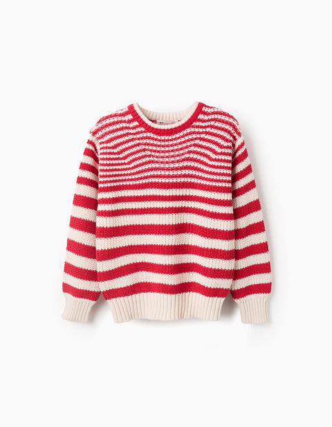 Cotton Striped Jumper for Girls, Beige/Red