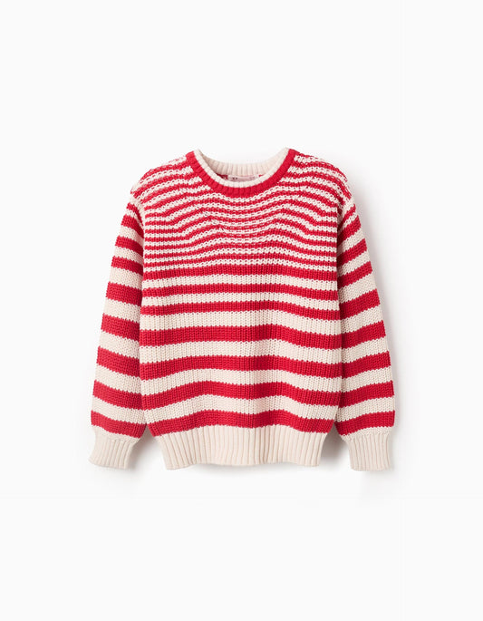 Cotton Striped Jumper for Girls, Beige/Red