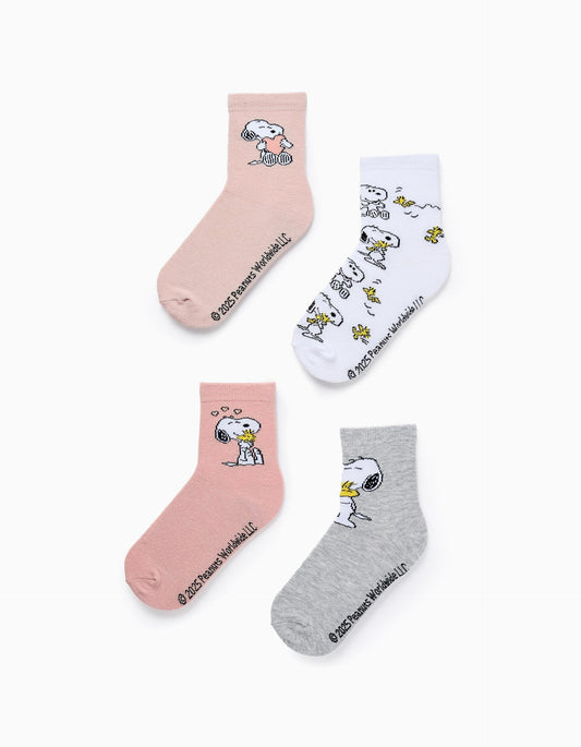 Pack of 4 Pairs of Socks for Girls 'Snoopy', Pink/White/Grey