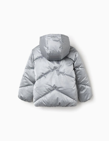Padded Jacket with Fleece Lining and Hood for Girls, Silver