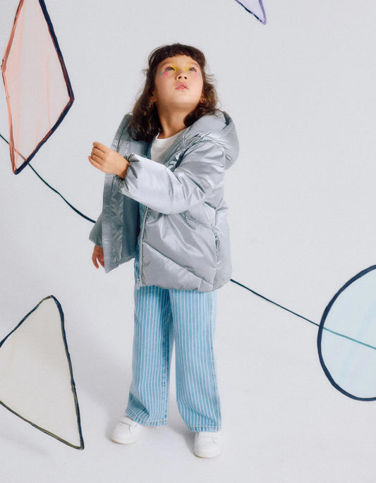 Padded Jacket with Fleece Lining and Hood for Girls, Silver