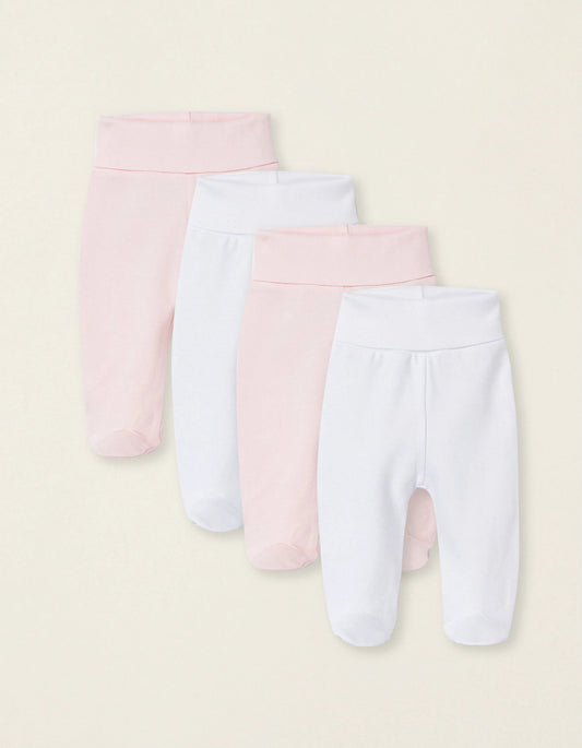 Pack of 4 Footed Trousers for Baby Girls 'Extra Comfy', White/Pink