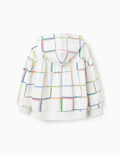 Cotton Hooded Jacket with Colourful Motif for Girls, White