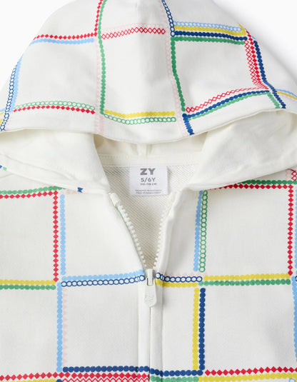 Cotton Hooded Jacket with Colourful Motif for Girls, White