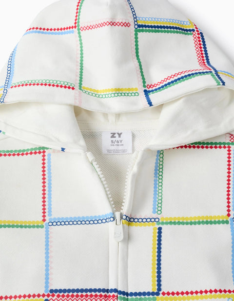 Cotton Hooded Jacket with Colourful Motif for Girls, White