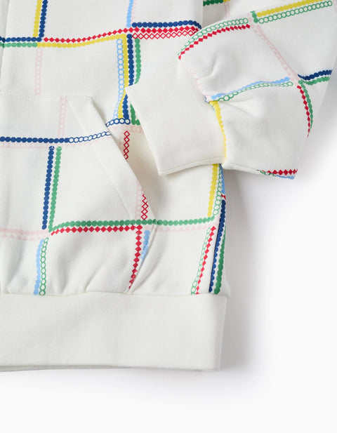 Cotton Hooded Jacket with Colourful Motif for Girls, White