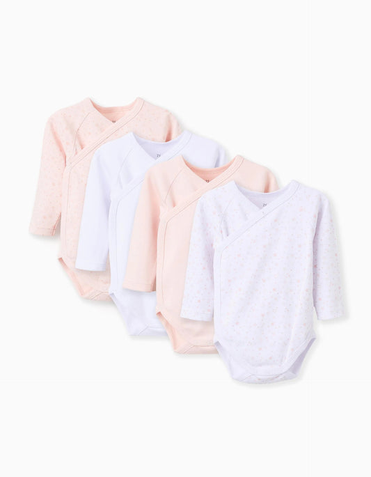 Pack of 4 Cotton Bodysuits for Newborn Girls and Babies 'Stars', White/Pink