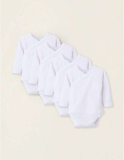 Pack of 4 Wrapover Bodysuits in Pointelle for Newborn Girls and Babies, White