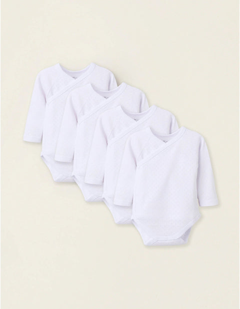 Pack of 4 Wrapover Bodysuits in Pointelle for Newborn Girls and Babies, White