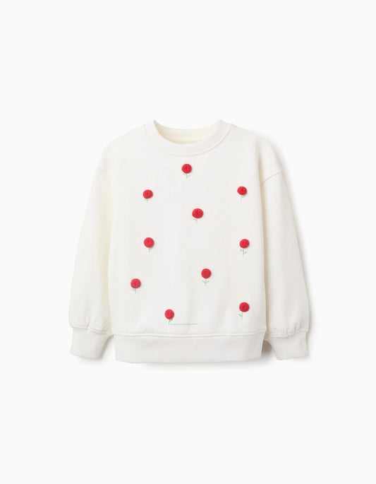 Cotton Sweatshirt with Raised Polka Dots for Girls, White/Red