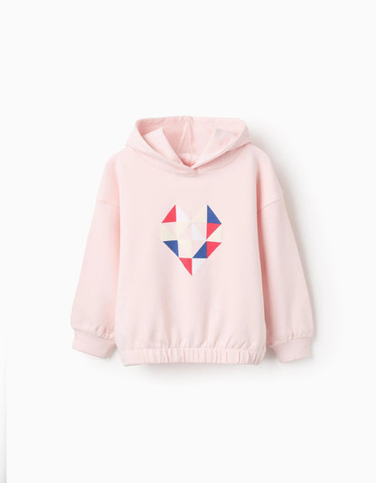 Cotton Hooded Sweatshirt for Girls 'Triangle Heart', Light Pink