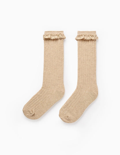 High Socks with Crochet Ruffles for Girls, Beige