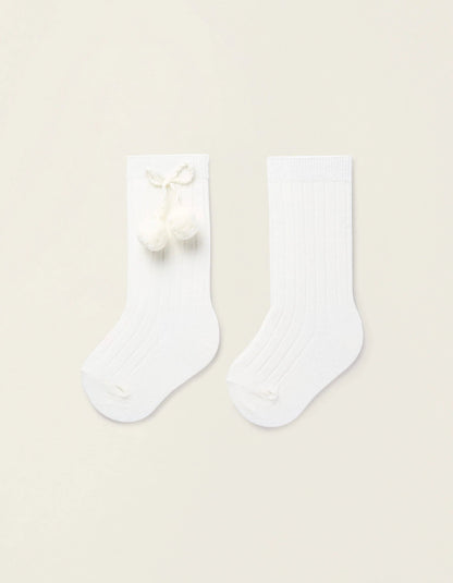 Ribbed Knee-High Socks with Pompoms for Baby Girls, White