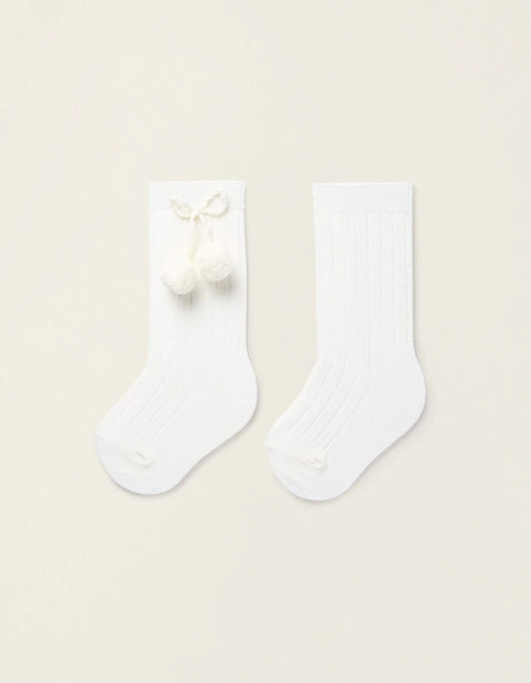 Ribbed Knee-High Socks with Pompoms for Baby Girls, White