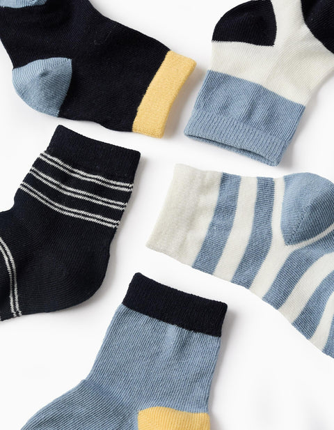 Pack of 5 Pairs of Socks for Baby Boys 'Stripes', Blue/White/Yellow