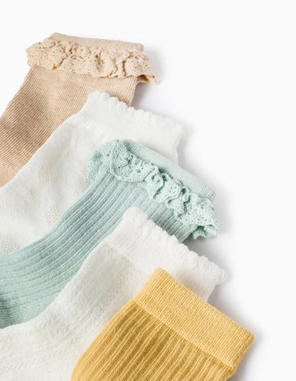 Pack of 5 Pairs of Socks for Baby Girls, Yellow/White/Beige/Green