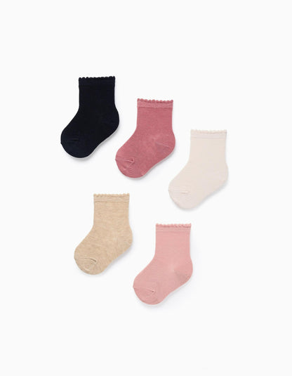 Pack of 5 Pairs of Socks for Baby Girls, Pink/Beige/Blue