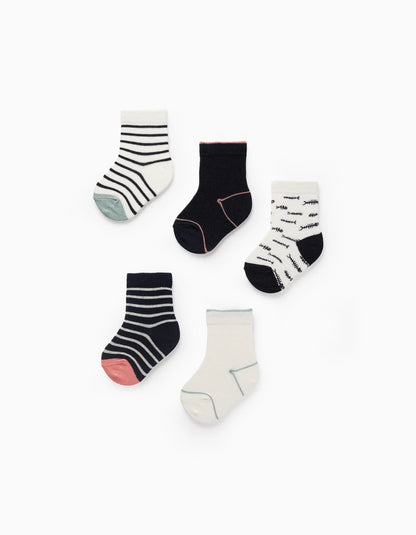 Pack of 5 Pairs of Socks for Baby Girls 'Fish', Blue/White/Pink/Green