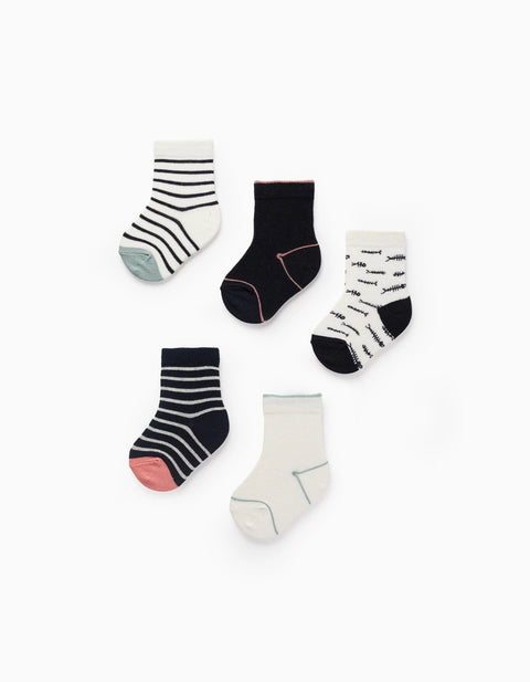 Pack of 5 Pairs of Socks for Baby Girls 'Fish', Blue/White/Pink/Green