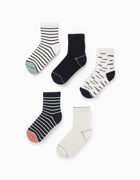 Pack of 5 Pairs of Socks for Girls 'Fish', Blue/White/Pink/Green