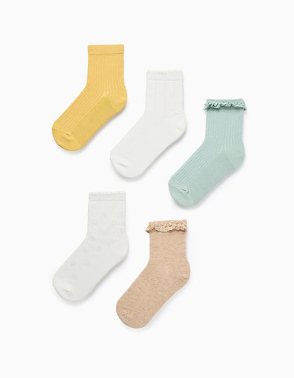 Pack of 5 Pairs of Socks for Girls, Yellow/White/Beige/Green