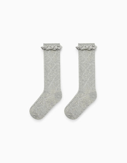 High Socks with Crochet Frills for Girls, Grey