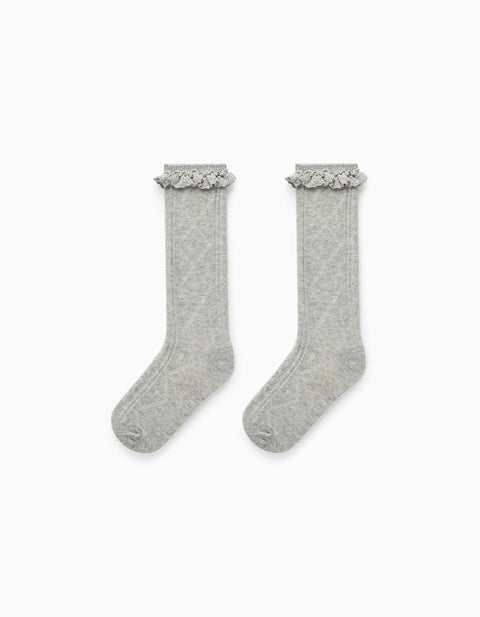 High Socks with Crochet Frills for Girls, Grey