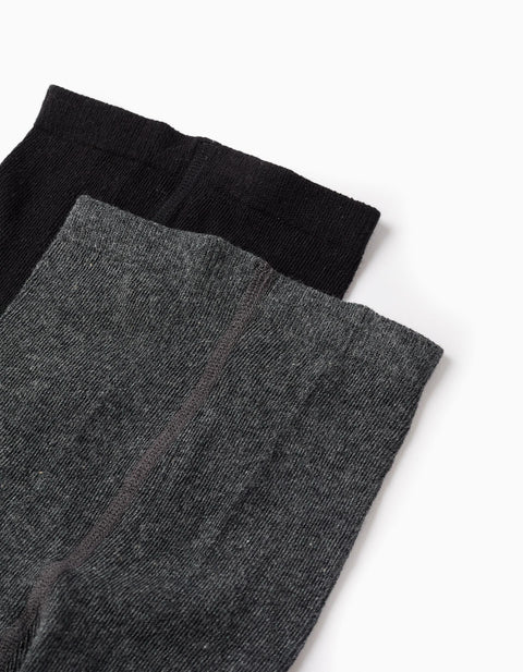 Pack of 2 Tights Plain/Rhombus for Girls, Grey/Black