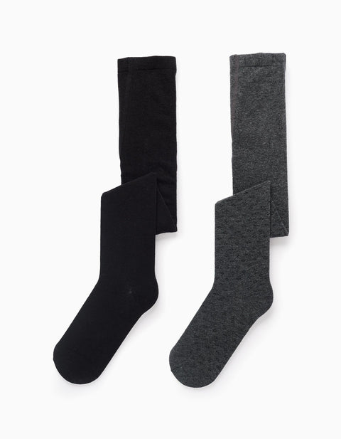 Pack of 2 Tights Plain/Rhombus for Girls, Grey/Black