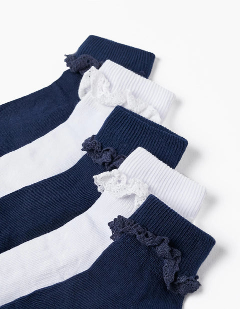 Pack of 5 Pairs of Socks with Crochet for Girls, White/Blue