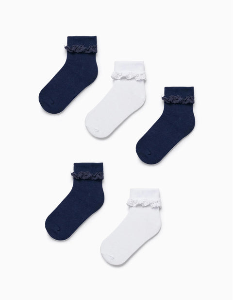 Pack of 5 Pairs of Socks with Crochet for Girls, White/Blue